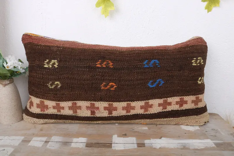 Ethnical Kilim Rug Pillow, Boho Pillow, Ethnic Pillow Cover Pillow Case, Tribal Cushion, 12x24 Brown Pillow, Pillow, Pillow for Sofa - 2