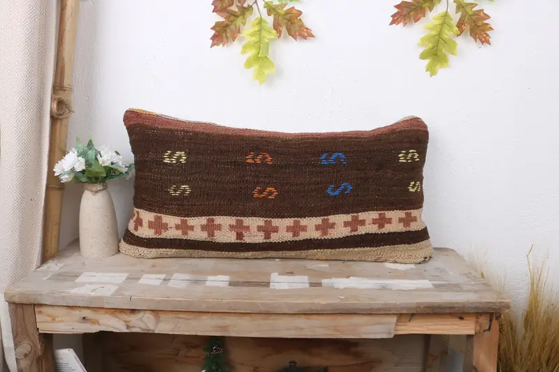 Ethnical Kilim Rug Pillow, Boho Pillow, Ethnic Pillow Cover Pillow Case, Tribal Cushion, 12x24 Brown Pillow, Pillow, Pillow for Sofa - 1