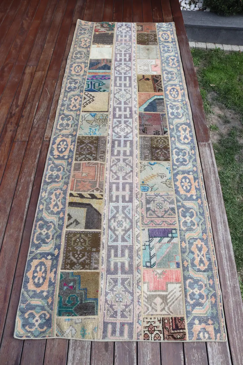 Handmade Blue & Green Rug, 2,9x8,4 ft Patchwork Design