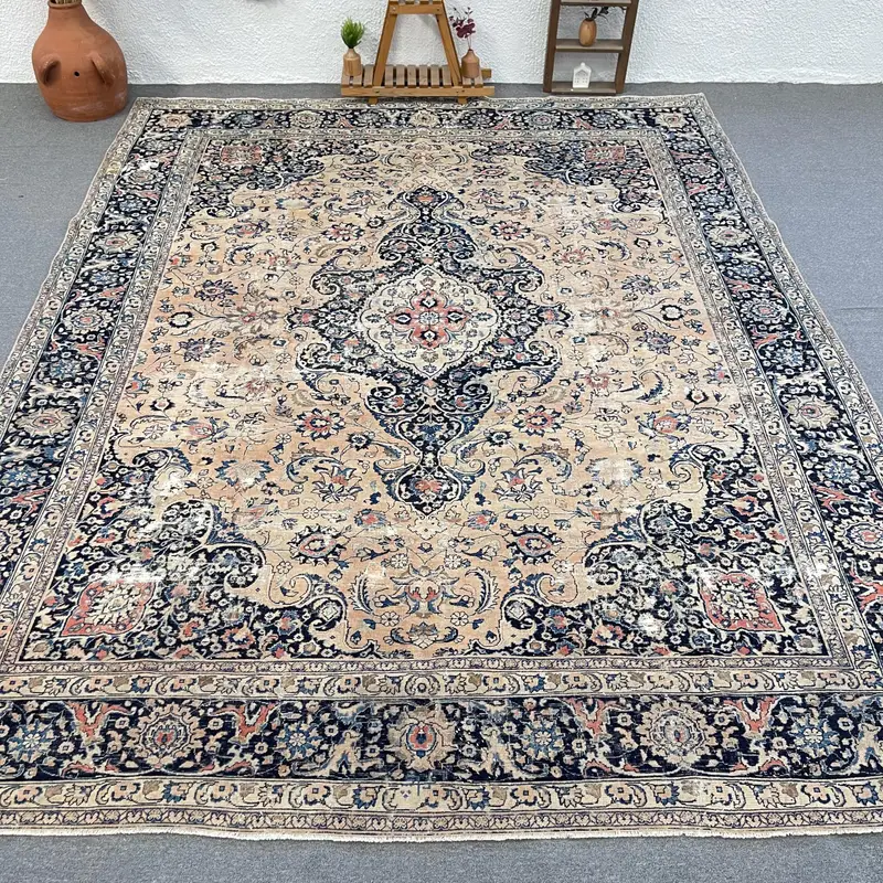 Alfombra Elegante Beige y Azul, 9,5x12,1 ft Geométrica Floral