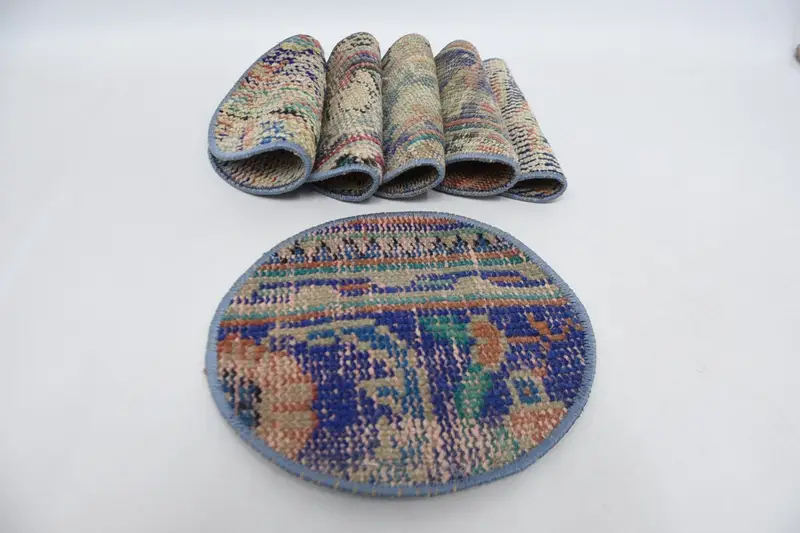 Kreisförmige Tischsets aus böhmischer Baumwolle und Wolle, böhmisches Dekor in Blau und Orange