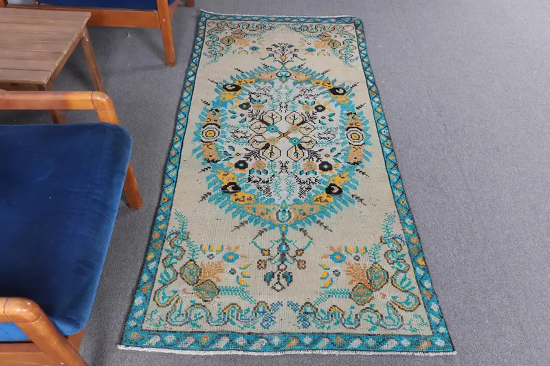 Alfombra Oushak, alfombra turca de 3,2x6,4 pies, lana de alfombra patchwork azul - 1