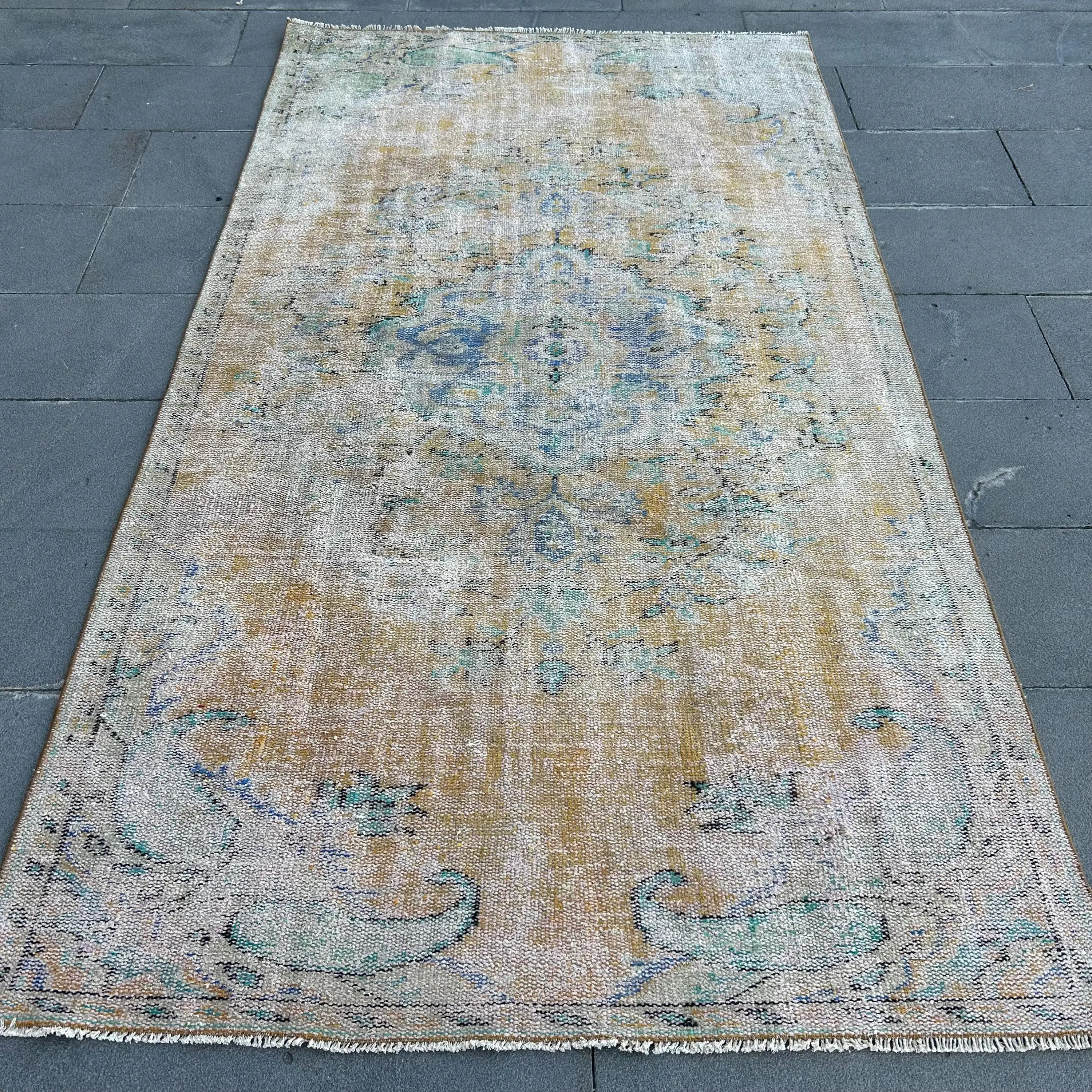 Turkish Rug, 4.4x8 ft Vintage Rug, Yellow Blue Camouflage Wool Rug - 1