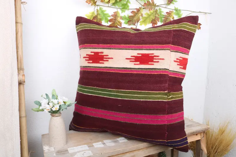 Throw Kilim Pillow, Cushion, Bolster Throw Pillow Cover, Vintage Kilim Pillow, Bright Pillow Cover, 24x24 Red Cushion Cover, Vintage Pillow - 4