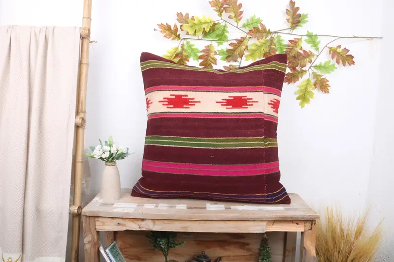 Throw Kilim Pillow, Cushion, Bolster Throw Pillow Cover, Vintage Kilim Pillow, Bright Pillow Cover, 24x24 Red Cushion Cover, Vintage Pillow - 1