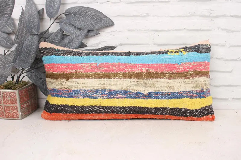 Vintage Kilim Throw Pillow, Pillow Cover, 12x24 Blue Cushion Case, Kilim Cushion Sham, Handmade Throw Cushion, Antique Pillows - 1