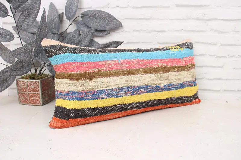 Vintage Kilim Throw Pillow, Pillow Cover, 12x24 Blue Cushion Case, Kilim Cushion Sham, Handmade Throw Cushion, Antique Pillows - 3