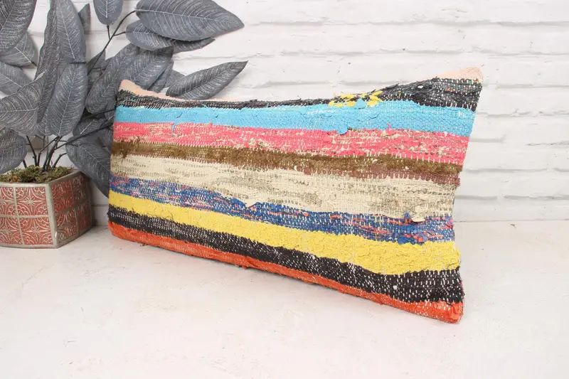 Vintage Kilim Throw Pillow, Pillow Cover, 12x24 Blue Cushion Case, Kilim Cushion Sham, Handmade Throw Cushion, Antique Pillows - 4