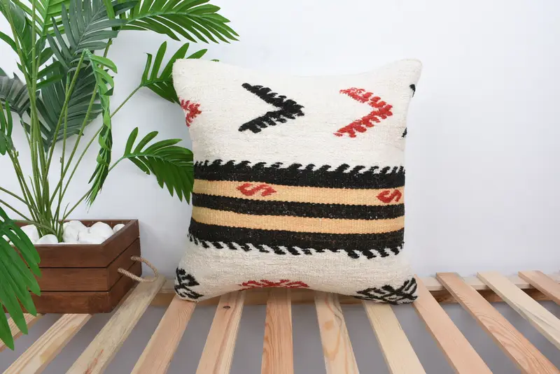 Vintage Kilim Pillow, Throw Kilim Pillow, Outdoor Patio Cushion Case, Pillow Case, Bed Cushion Cover, Turkish Pillow, 18x18 White Pillow - 1
