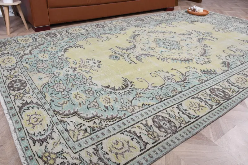 5.6x9.5 ft Rug, Vintage Turkish Rug, Blue Yellow Floral Wool Rug - 1