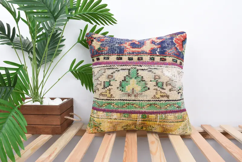Pillow for Couch, Cushion Case, 18x18 Blue Cushion, Boho Pillow, Cozy Throw Pillow Cover, Seat Pillow, Ethnical Kilim Rug Pillow - 1