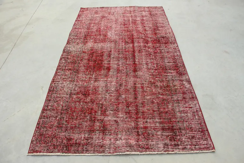 Vintage Türk Alan Halısı 4,5x8,3 ft, Oushak Kırmızı Yün Halı - 1