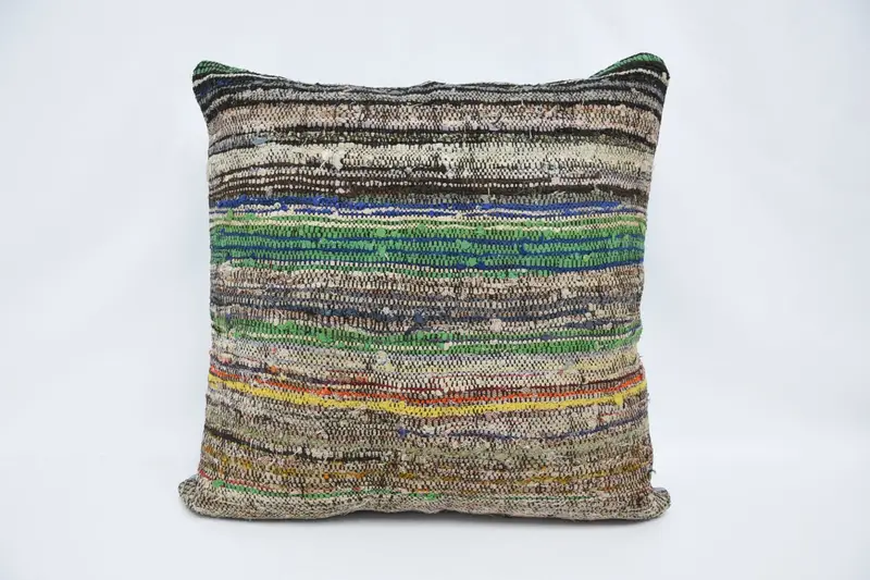 Turkish Wool Green Euro Sham, Striped Moroccan Large Square 28x28 inch Pillow Sham - 1