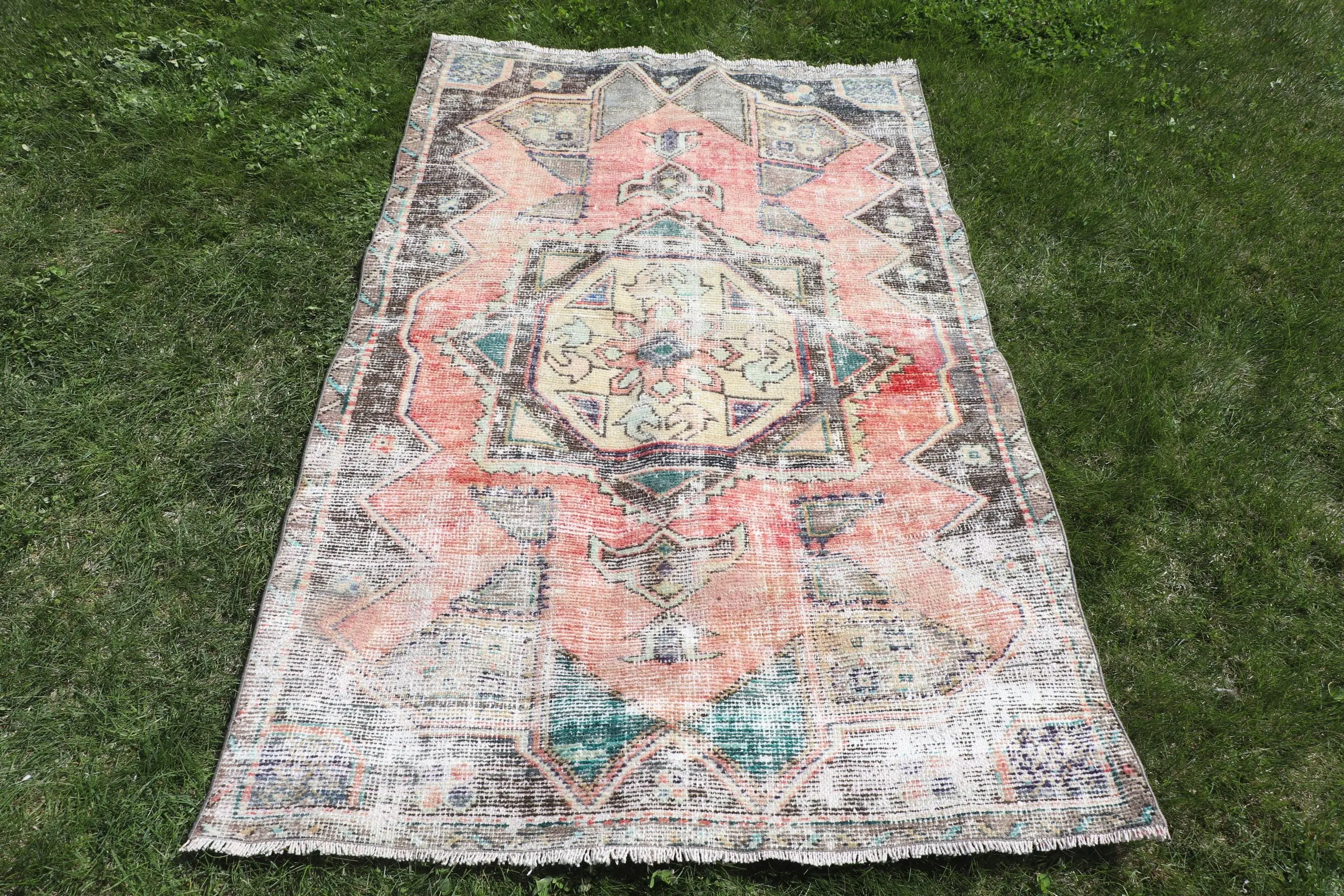 Türk Vintage Halı, 3.5x5.8 ft Halı, Kırmızı Çizgili Yün Halı - 1