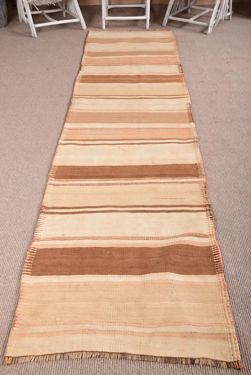 Türk Kilim Yolluk Halısı 2,8x11,9 ft (85x362 cm), Vintage Kahverengi Oryantal Halı - 1
