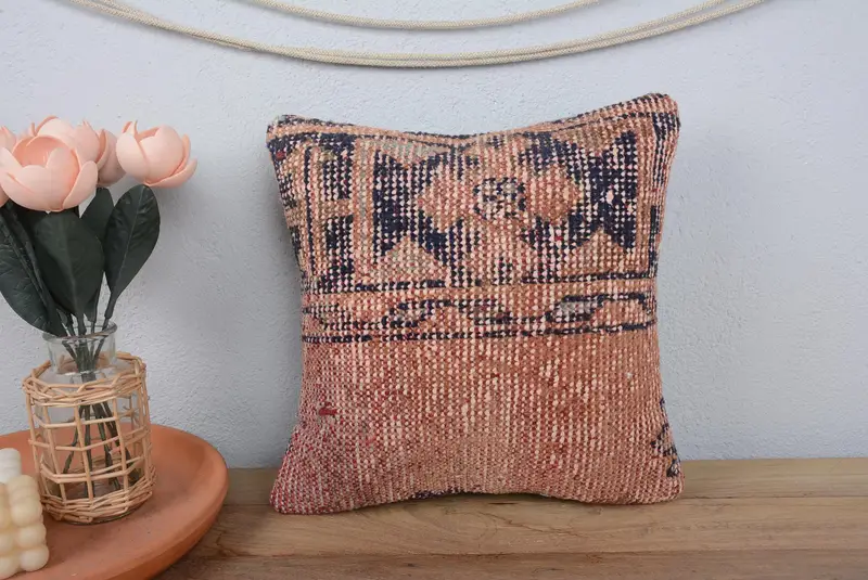 Tapestry Pillow, Boho Pillow Sham Cover, 14x14 Beige Pillow Case, Anatolian Pillow, Pillow Sham, Turkish Kilim Pillow, Throw Kilim Pillow - 2