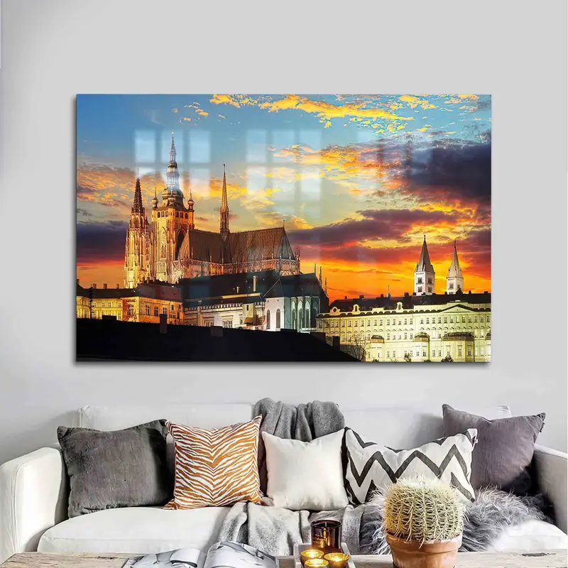 Elegant Printed Glass: Prague Sunset Cityscape Design