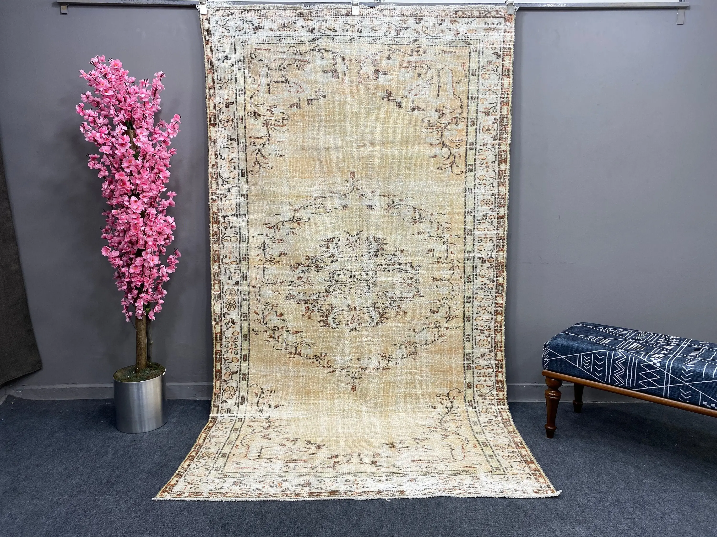 Turkish Large Rug 4.9x8.8 ft, Brown White Floral Rug Wool - 1
