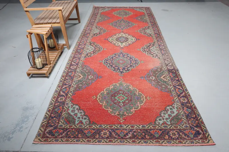 Vintage Runner Rug 4.9x13.4 ft, Red Floral Turkish Wool Rug - 1