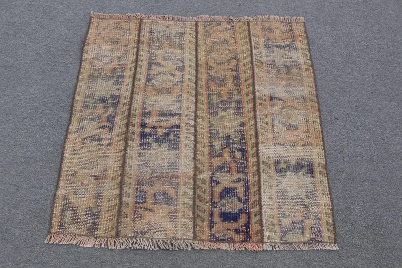 ベージュ & ブルー ボーダー ラグ、2.8x2.8 フィート エレガントな装飾