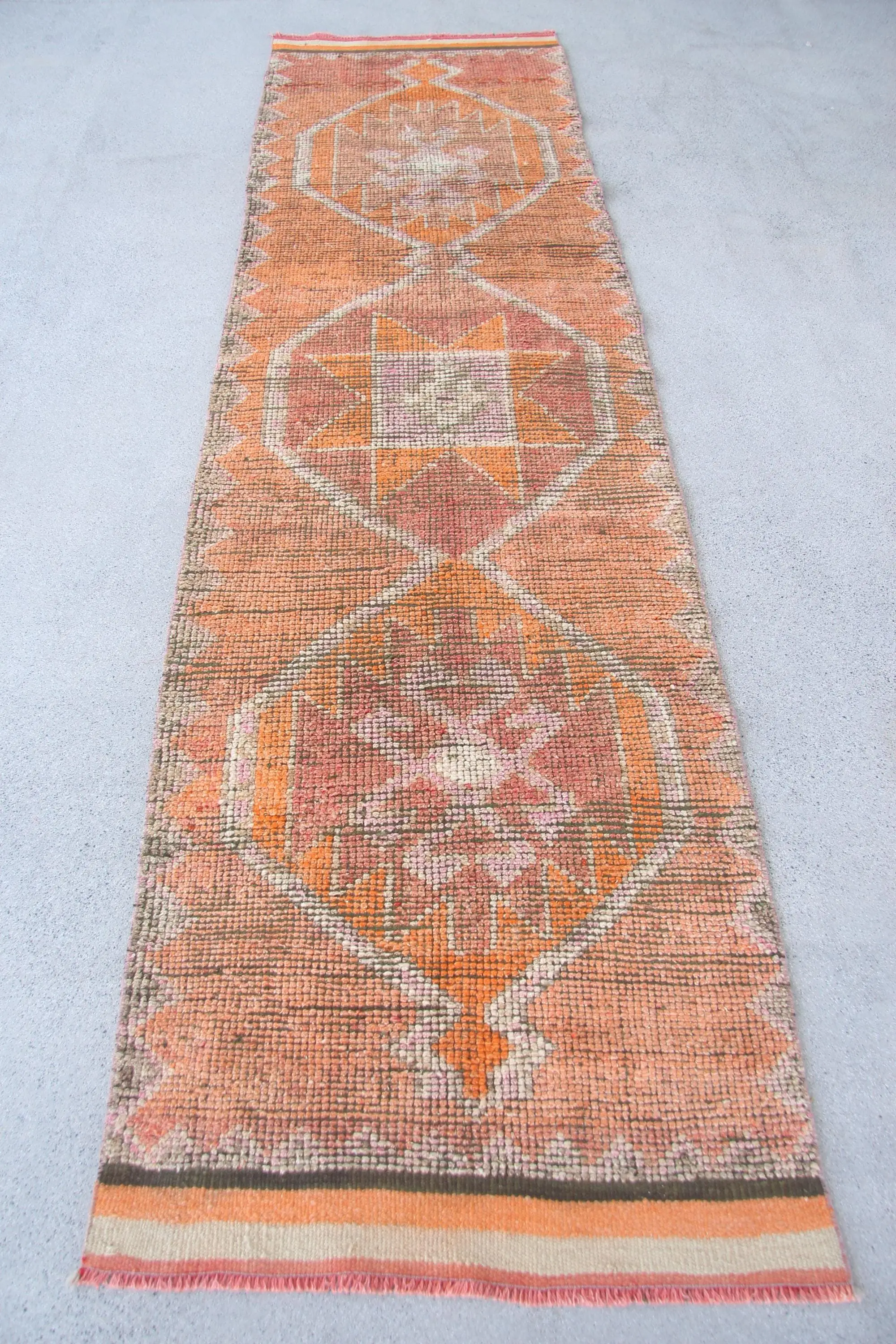 Turkish Vintage Rug, Runner 2.8x10.2 ft (85x310 cm) Rug, Orange Check Wool Rug - 1
