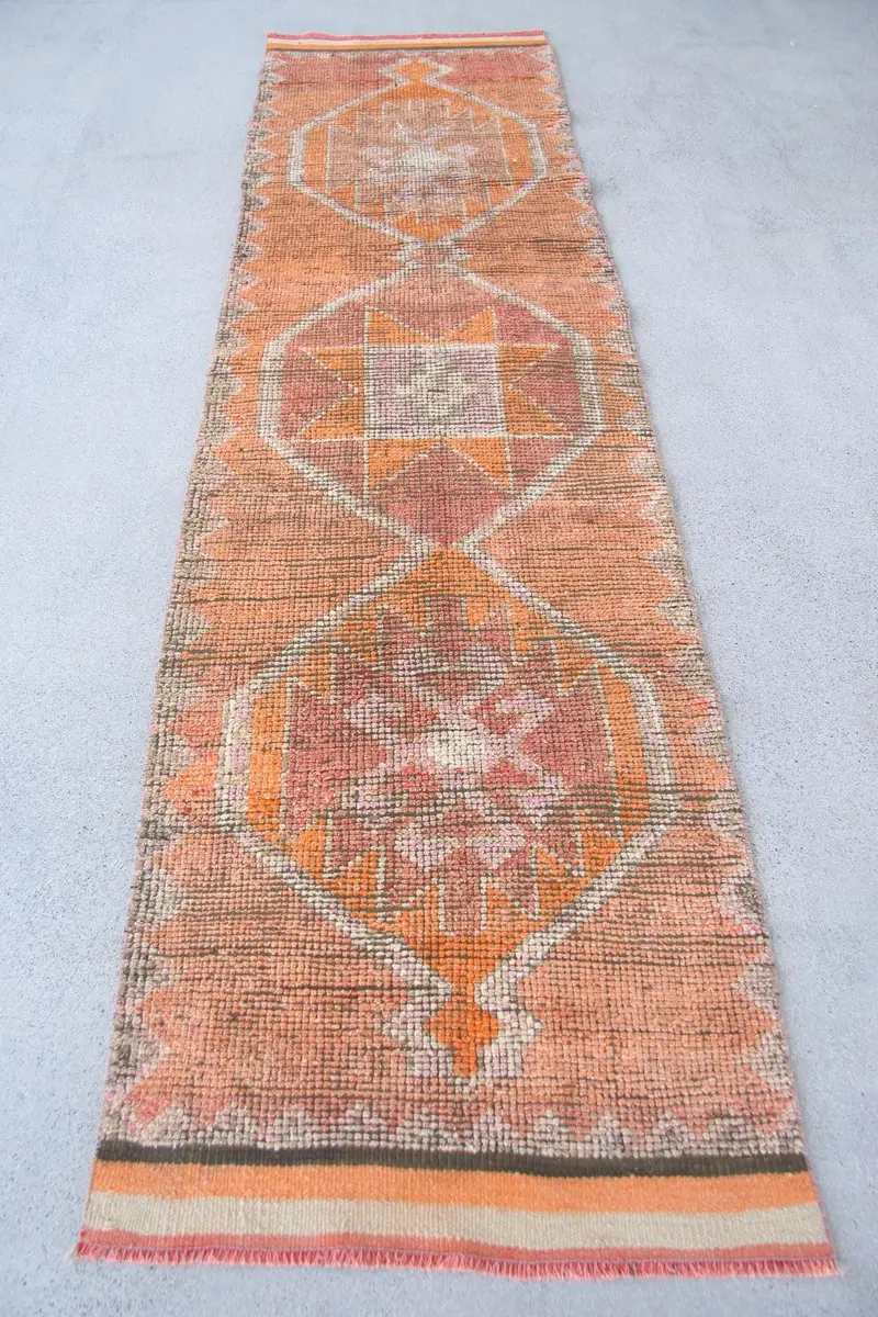 鮮やかなオレンジラグ、2.8x10.2フィートチェックパターン