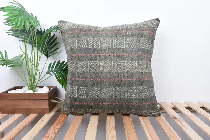 Ottoman Cushion, Throw Kilim Pillow, Cushion, Kilim Cushion Sham, Boho Throw Cushion, Gift Pillow, 24x24 Gray Pillow Sham, Car Cushion Cover - 1