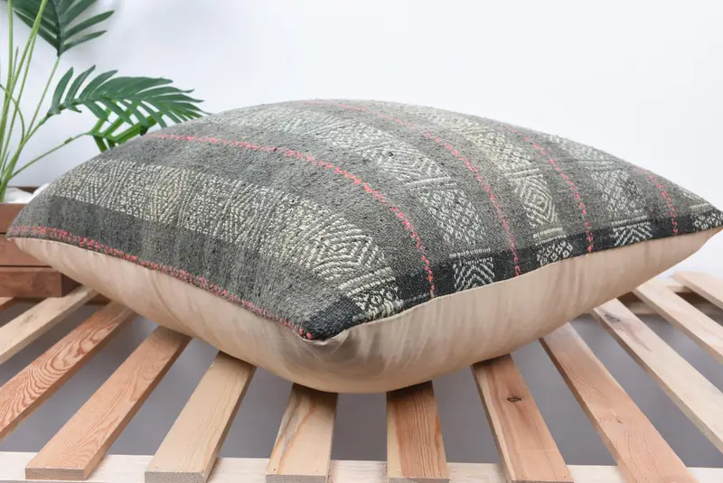 Ottoman Cushion, Throw Kilim Pillow, Cushion, Kilim Cushion Sham, Boho Throw Cushion, Gift Pillow, 24x24 Gray Pillow Sham, Car Cushion Cover - 6