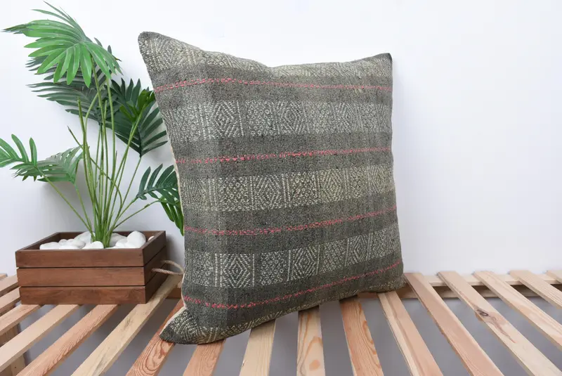 Ottoman Cushion, Throw Kilim Pillow, Cushion, Kilim Cushion Sham, Boho Throw Cushion, Gift Pillow, 24x24 Gray Pillow Sham, Car Cushion Cover - 4