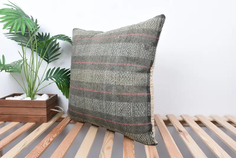 Ottoman Cushion, Throw Kilim Pillow, Cushion, Kilim Cushion Sham, Boho Throw Cushion, Gift Pillow, 24x24 Gray Pillow Sham, Car Cushion Cover - 5