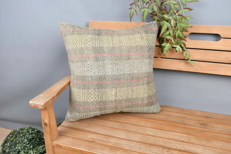 Cushion Case, Pillow for Couch, Ethnic Cushion, Vintage Throw Pillow Case, 20x20 Gray Cushion, Throw Kilim Pillow, Kilim Pillow Cover - 1