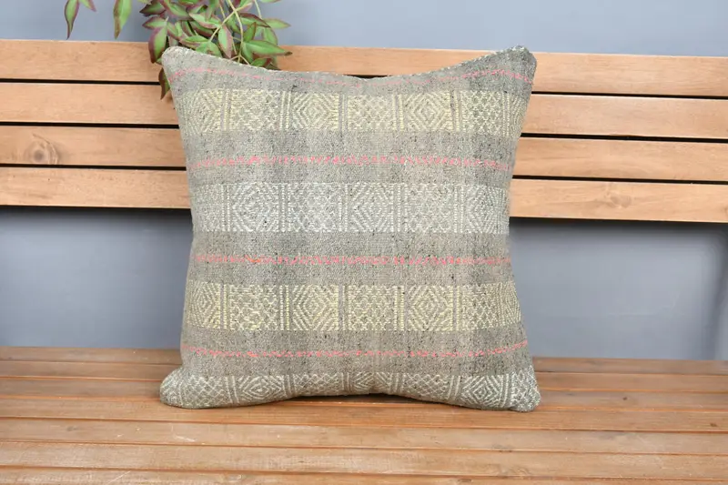 Cushion Case, Pillow for Couch, Ethnic Cushion, Vintage Throw Pillow Case, 20x20 Gray Cushion, Throw Kilim Pillow, Kilim Pillow Cover - 6