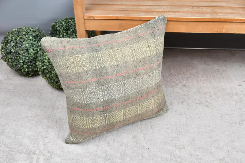 Cushion Case, Pillow for Couch, Ethnic Cushion, Vintage Throw Pillow Case, 20x20 Gray Cushion, Throw Kilim Pillow, Kilim Pillow Cover - 7