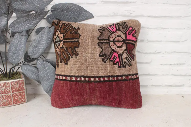 Vintage Pillow, 14x14 Brown Cushion Cover, Kilim Pillow, Comfy Throw Pillow, Handmade Kilim Cushion, Pillow Cover, One Of A Kind Pillow Case - 1