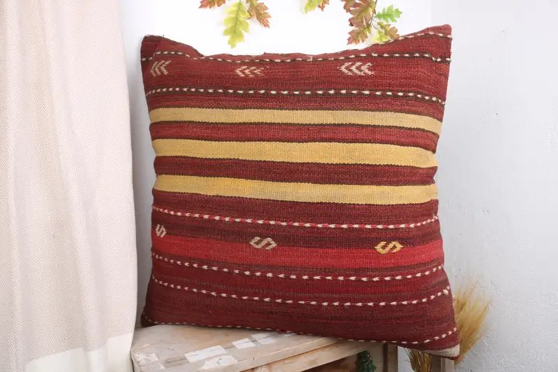 Boho Pillow, Cushion Case, Decorative Bolster Pillow Case, Throw Kilim Pillow, Turkish Rugs Pillow Cover, 32x32 Red Pillow, Kilim Pillow Cover - 4