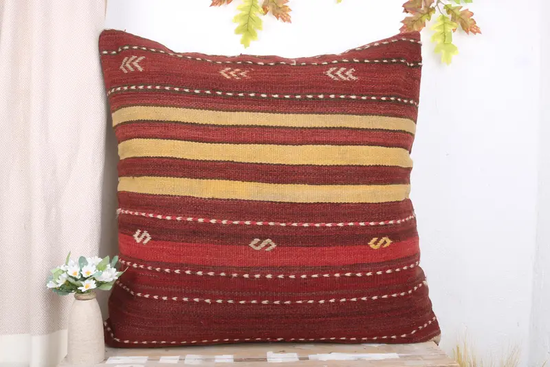 Boho Pillow, Cushion Case, Decorative Bolster Pillow Case, Throw Kilim Pillow, Turkish Rugs Pillow Cover, 32x32 Red Pillow, Kilim Pillow Cover - 2