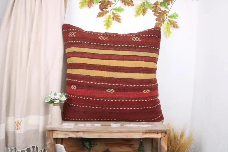 Boho Pillow, Cushion Case, Decorative Bolster Pillow Case, Throw Kilim Pillow, Turkish Rugs Pillow Cover, 32x32 Red Pillow, Kilim Pillow Cover - 1