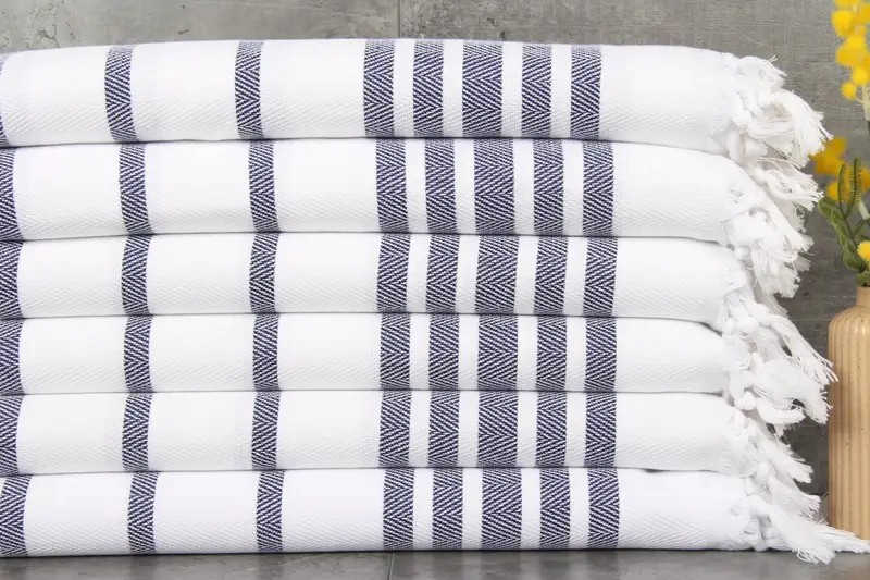 Face Towel Navy Chevron Peshkir Beige Organic Cotton, 24x36 Inches