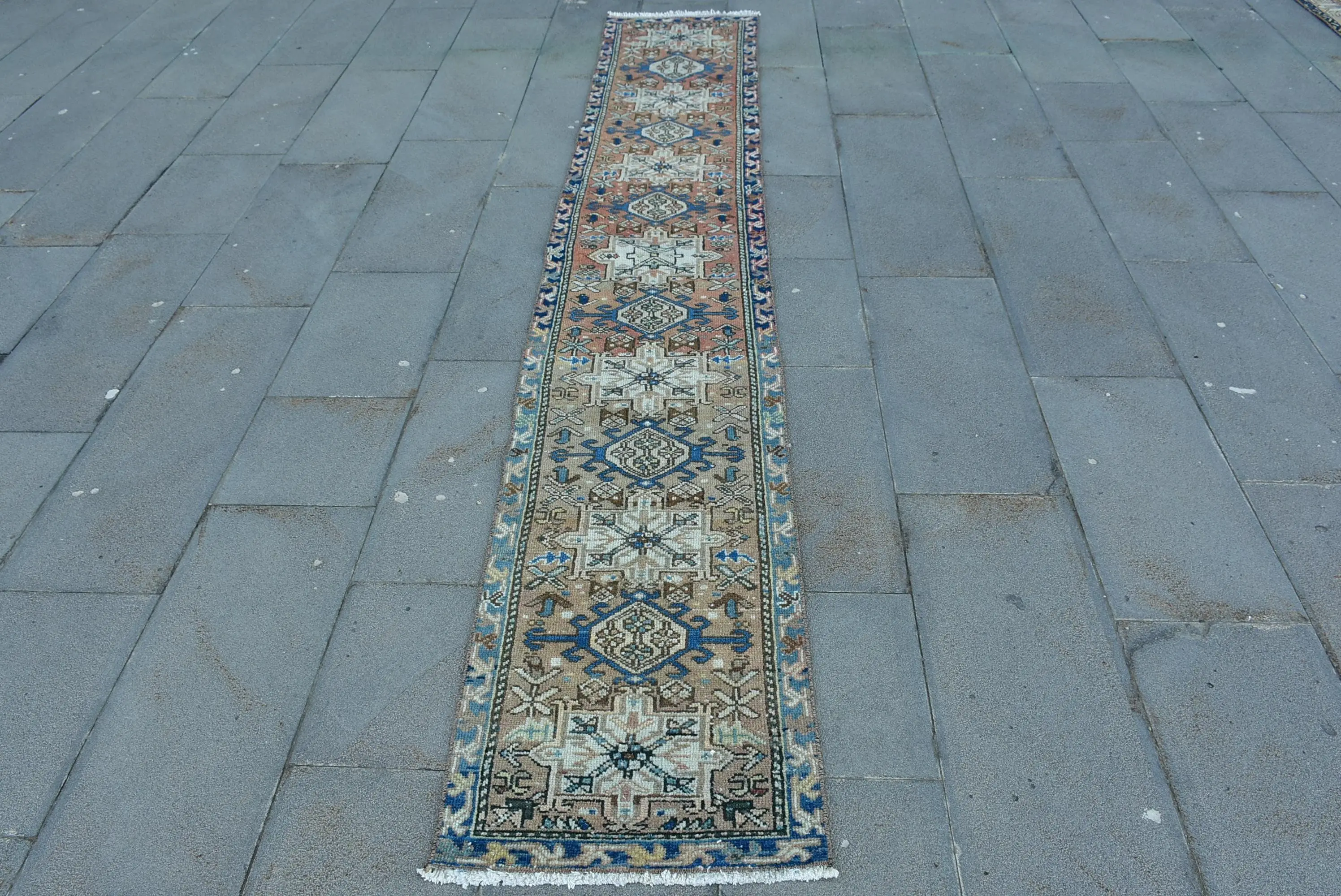 Alfombra turca Runner 1,7x9,8 pies, alfombra vintage de lana azul - 1