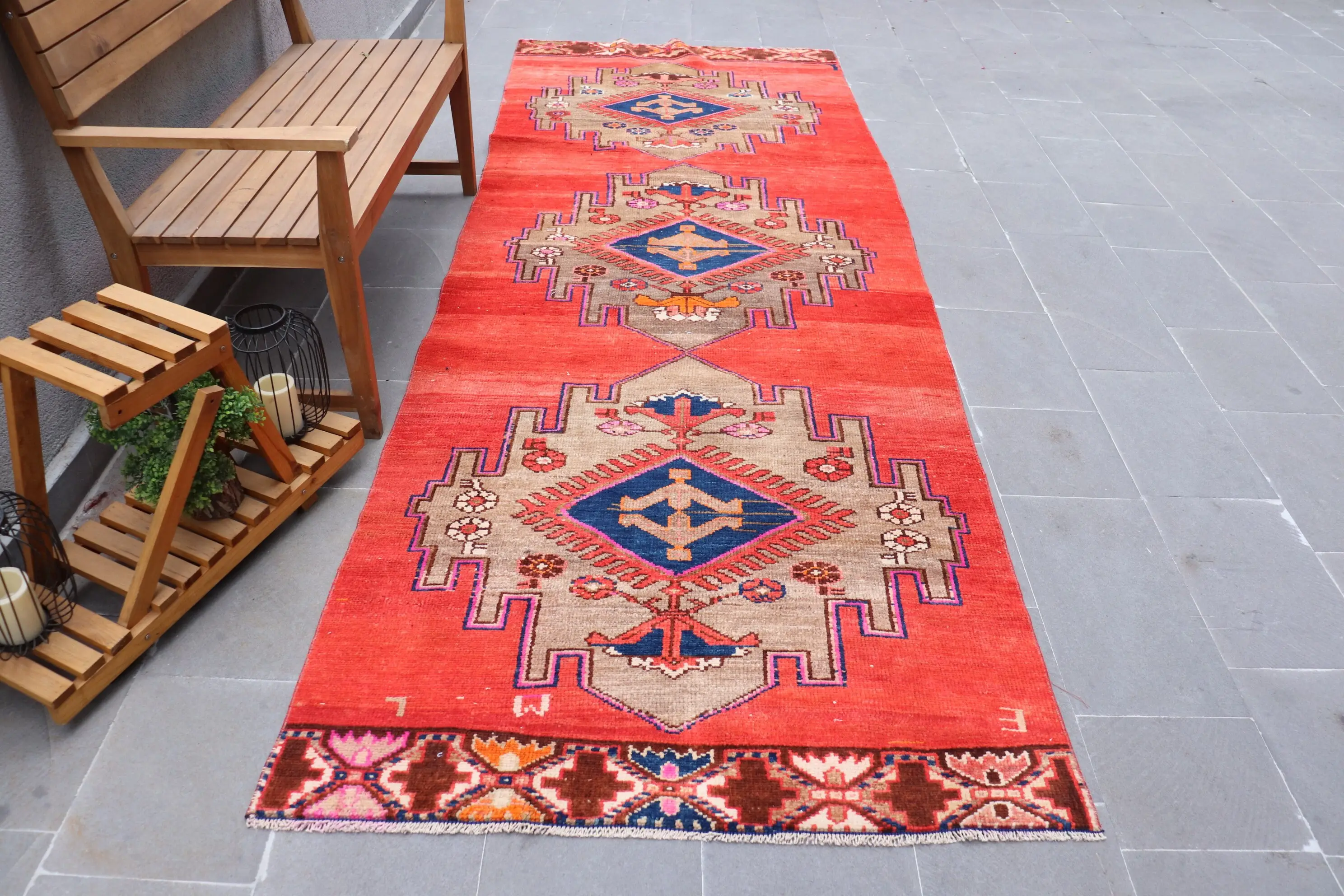 Vintage Turkish Rug, 4.1x11.9 ft Rug, Red Runner Plants & trees Rug - 1