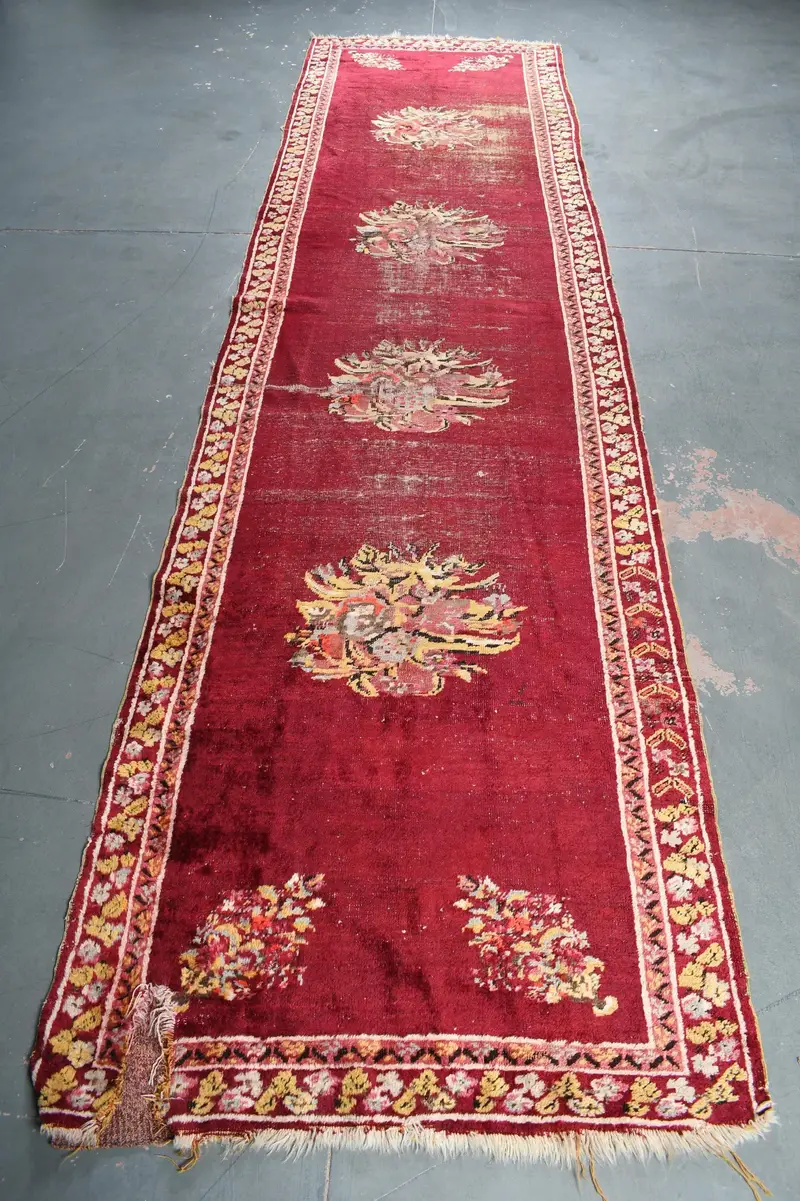 Turkish Runner Rug 3.3x12.7 ft (100x386 cm), Oushak Red Vintage Rug - 1
