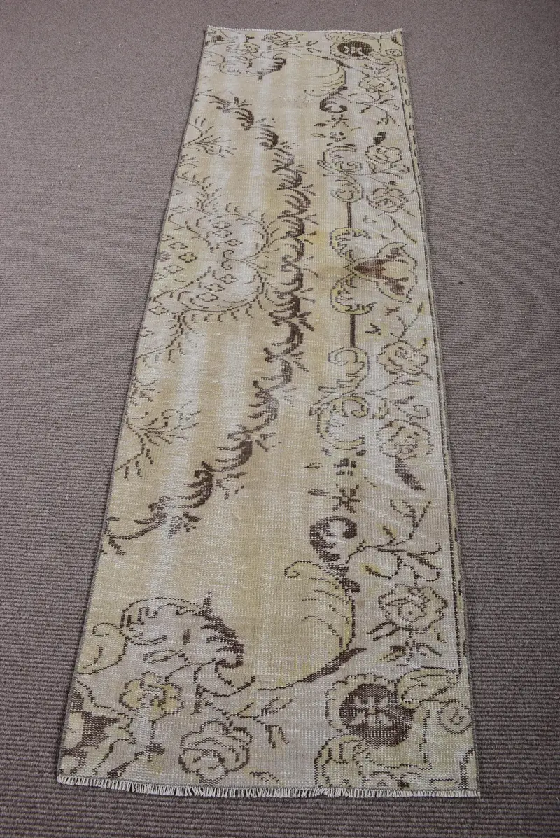 Türk 2.4x8 ft Halı, Runner Vintage Halı, Beyaz Kahverengi Çiçekli Yün Halı - 1
