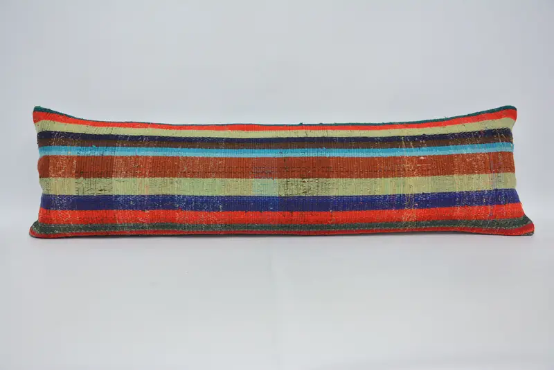 Gesticktes Kissen aus Hanf und Wolle, gestreiftes Vintage-Wurfkissen