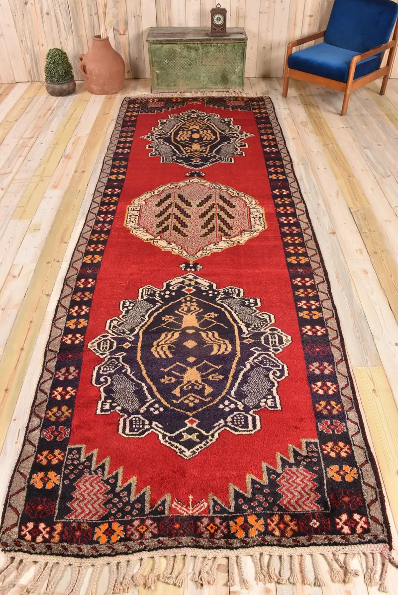 Kırmızı & Mavi Halı, 4,4x13,2 ft Bitki ve Ağaç Desenli