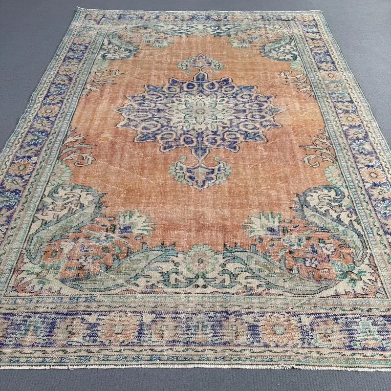 Vibrant Orange & Blue Rug, 6.2x10.3 ft Bordered Design
