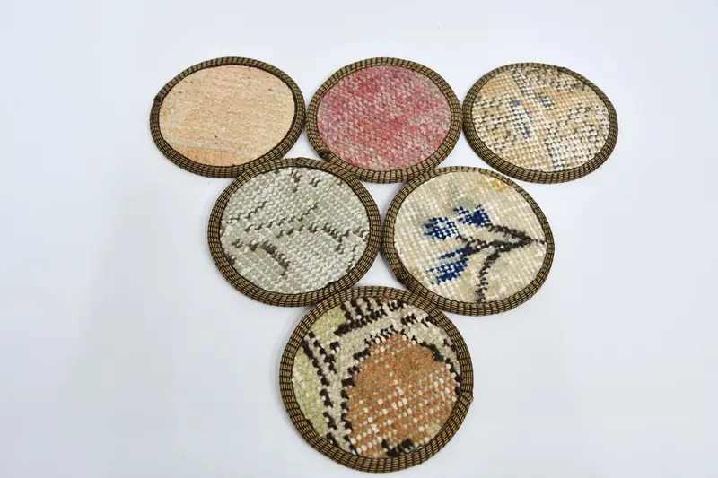 Bohemian Beige and Pink Coasters, Round Rug Coasters