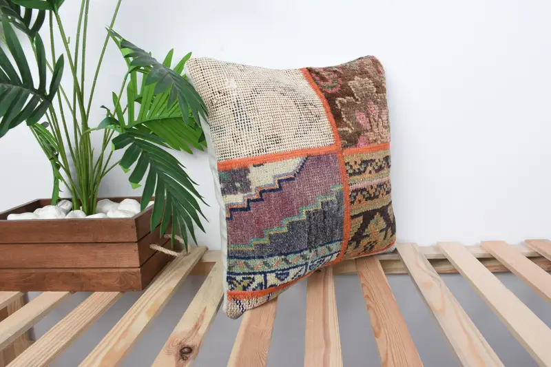Antique Pillows, Pillow Sham, 16x16 Beige Cushion Case, Boho Pillow Sham Cover, Bolster Throw Pillow Case, Kilim Pillow - 5
