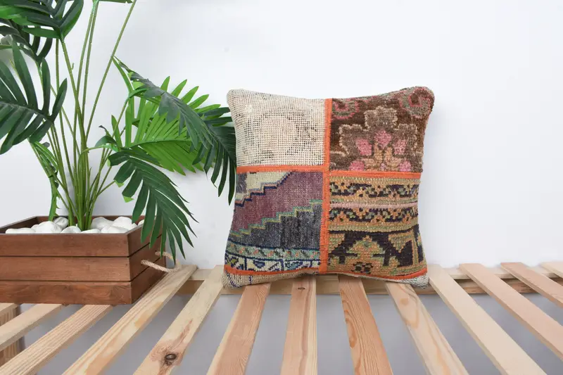 Antique Pillows, Pillow Sham, 16x16 Beige Cushion Case, Boho Pillow Sham Cover, Bolster Throw Pillow Case, Kilim Pillow - 1