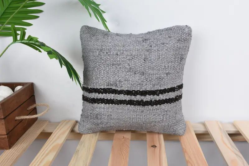 Bench Pillow Case, Boho Pillow Sham Cover, Neutral Cushion Case, 12x12 Gray Cushion, Interior Designer Pillow, Cushion Cover, Kilim Pillow - 1