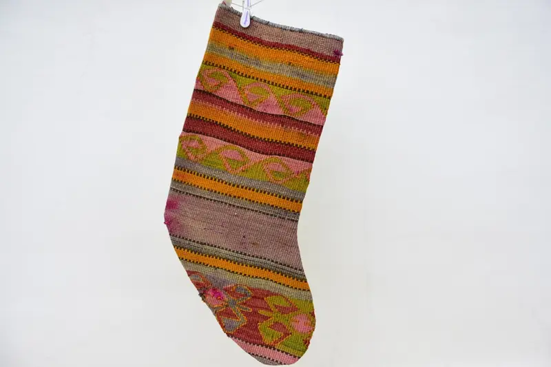 Festive Orange Stocking with Green Ornaments, Christmas Stocking